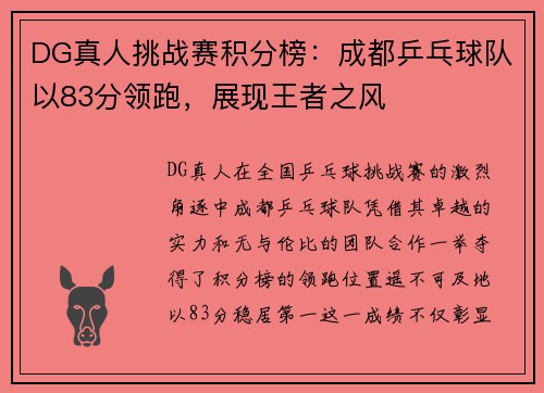 DG真人挑战赛积分榜：成都乒乓球队以83分领跑，展现王者之风
